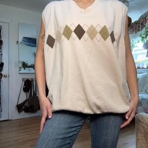 Van Heusen Mens XXL Argyle Sweater Vest Cream Cotton V-Neck Oversized Knit